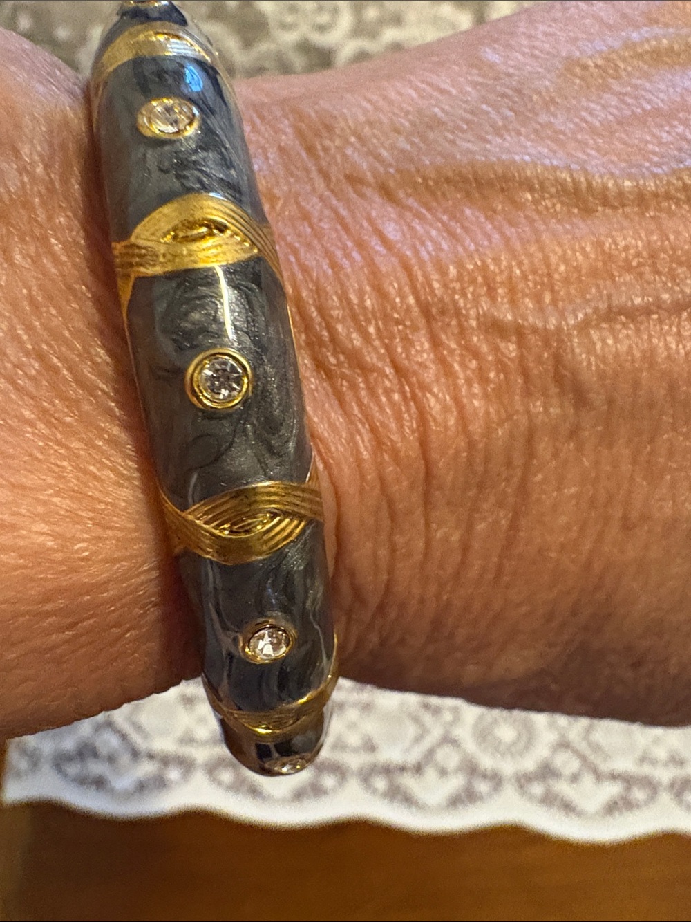 Gold-Accented Gray Resin Bangle with Crystal Accents